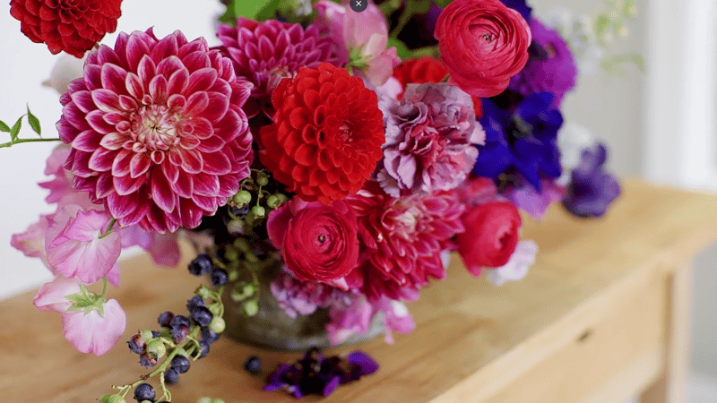 Zoom wedding flowers - jewel tone flower centerpiece - dahlias, anemones, ranunculus