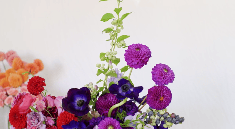 Zoom wedding flowers - jewel tone flower centerpiece - dahlias, anemones, ranunculus