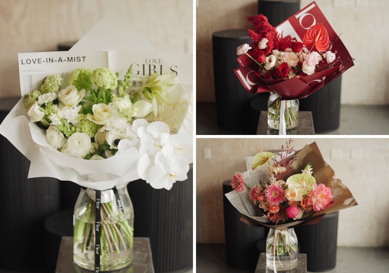 retail florist - white monochromatic bouquet, tropical bouquet, red and blush bouquet