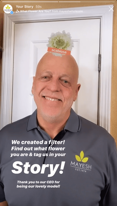 Mayesh CEO Pat Dahlson using the What Flower Are You? Instagram Story filter