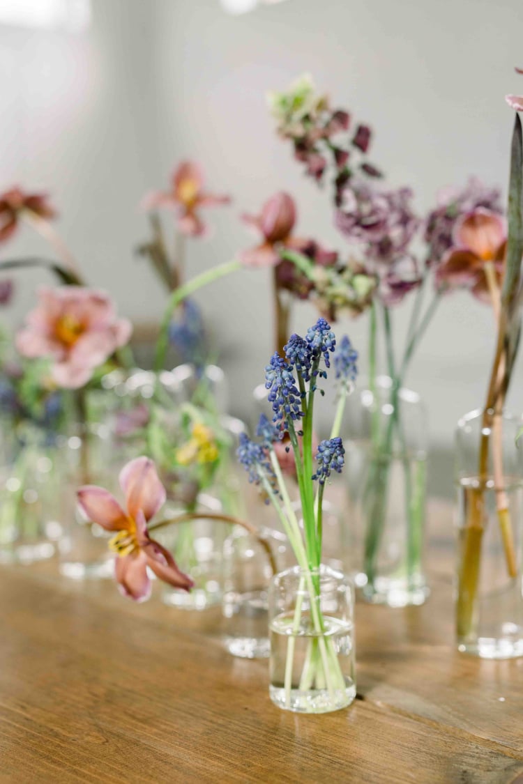 Bud Vase Table Design Accent Decor Highball Budvase blue muscari, Dutch stem dyed brown tulip